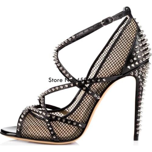 Summer Mesh Gladiator High Heel Sandals Peep Toe Rivets Studded Cut Out Stiletto Heel Women Shoes