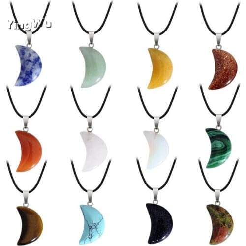 Yingwu Moon Stone Necklace Natural Crystal Pendant Stone Pendant Leather Necklace Men Womens Fashion Jewelry Amulet Energy