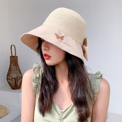 Summer Knitted Hollow Bucket Hat Solid Color Fisherman Hat Outdoor Women Panama Cap Lady Girls Anti UV Beach Sun Caps