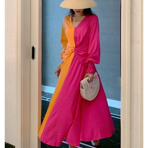 Spring Summer 2021 Long Sleeve Runway Korean Casual Travel Vacation Party Vestidos New Women Maxi Patchwork Colorful Dresses