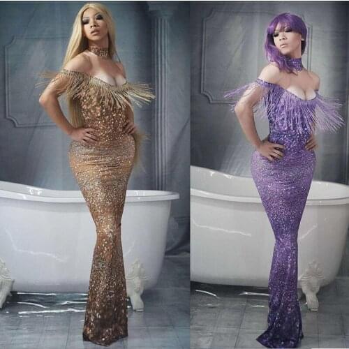 Bule purple silver Designer Sexy print Tassel Dress Women club birthday wedding tight long Dress party Stage Performance Costume