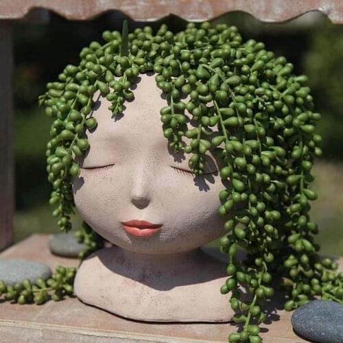 Nordic Ins Resin Art Flower Pot Closed Eyes Doll Sculpture Vase Flower Potted Plant Succulent Planter Home Tabletop Balcony De