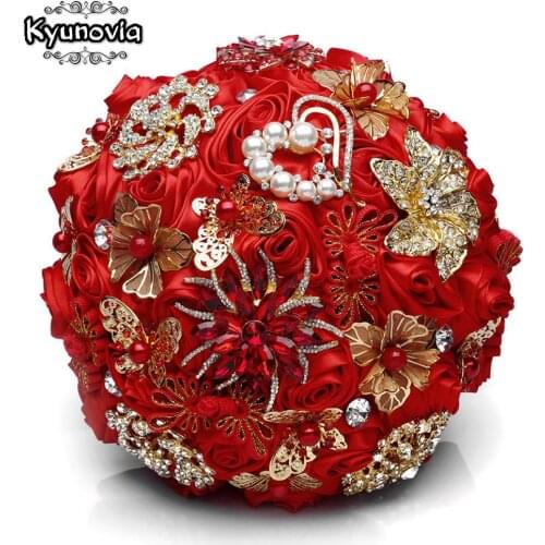 Kyunovia Red Wedding Brooch Bouquets Gold Jewelry Bridal Flower ramos de novia Rhinestone Brooches Crystal Wedding Bouquet FE101