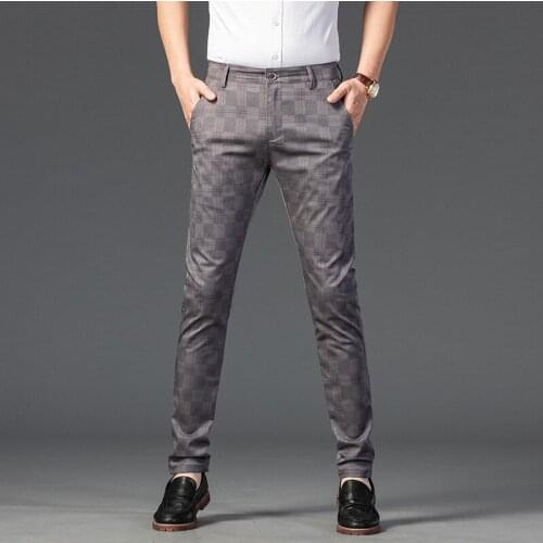 High Quality Spring Autumn Mens Plaid Casual Pants 98% Cotton Stretch Classic Slim Fit Trousers Male Large Size 40 42 Pattern