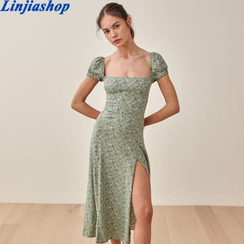 Green Floral Split Long Dress Women High Waist Slim Summer Dress Frecn Style Square Collar Chiffon Dresses Holiday