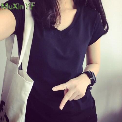 2021 Summer Womens Clothing Simple Casual Joker V-Neck Solid Black T-Shirt Korean Girls Student Short Sleeve Lady Pullover Tops