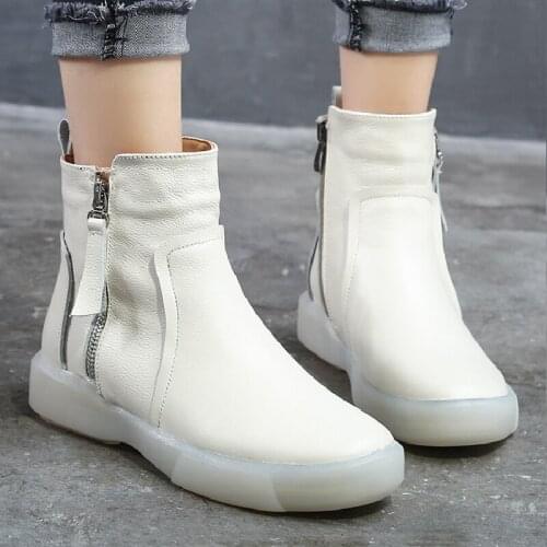 Womens Plus velvet Short Boots Ladies Platform Shoes Woman Genuine Leather Flat Winter Boots Female Motorcycle Boots