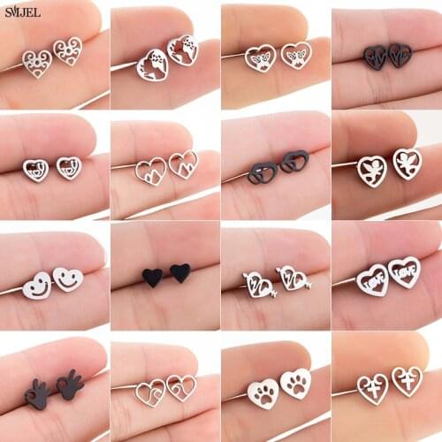 Korean Unique Heart Shape Stud Earrings Women Girls Stainless Steel Multiple Small Earring Love Jewelry Valentines Day Gift