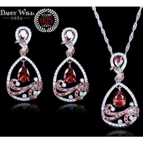 Unique Design Water Drop Red Zirconia White CZ silver color Jewelry Sets For Women Party Earrings/Pendant/Necklace T21