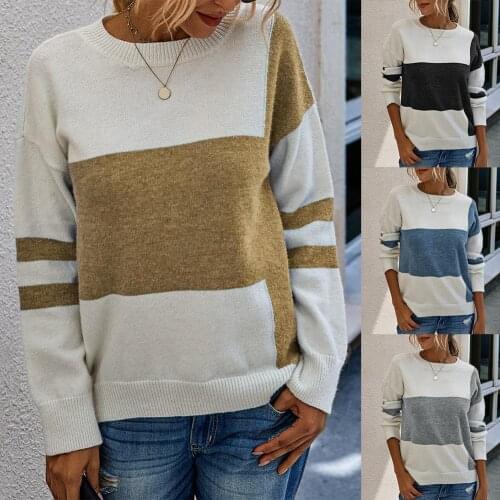 Women Long Sleeve Sweater Autumn Winter O Neck Color Block Knitwear Jumper Fashion Korean Style Womens Pullovers Streetwear