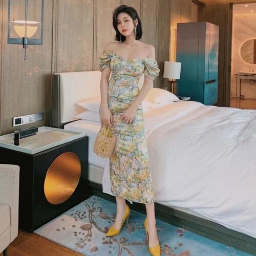 2020 Summer Dress Women Elegant Slash neck Tight Puff Sleeve Vintage Long Floral Dress Evening Party Summer Clothes for Women