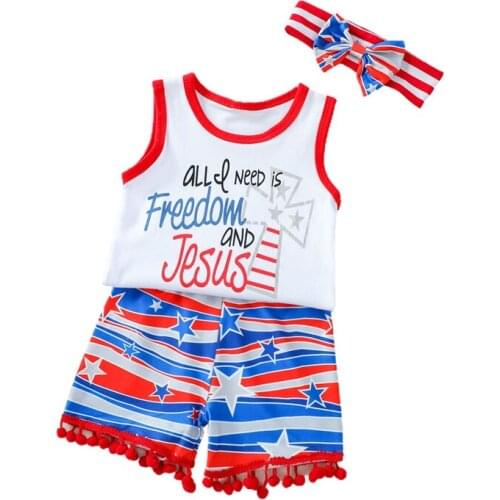 3Pcs Girls Independence Day Clothes Fashion Letter Sleeveless Tops+Stripe Plush Ball Short Pants with Headband, 6Months-4Years