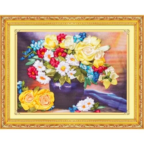 30x40cm Full-blown flowers Ribbon embroidery kit stain painting handcraft kit DIY handmade needlework art home decor