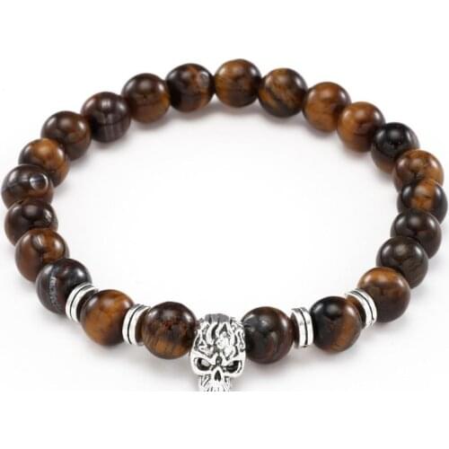 8mm yft3 micro pave cz zircon cubic zirconia elastic adjusted Charm nature stone yellow Tigereye bead skull Charm Bracelet