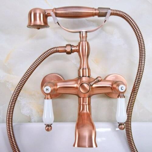 Antique Red Copper Brass Wall Mounted Bathroom Clawfoot Tub Faucet Mixer Tap Telephone Shower Head Dual Ceramic Handles ana327