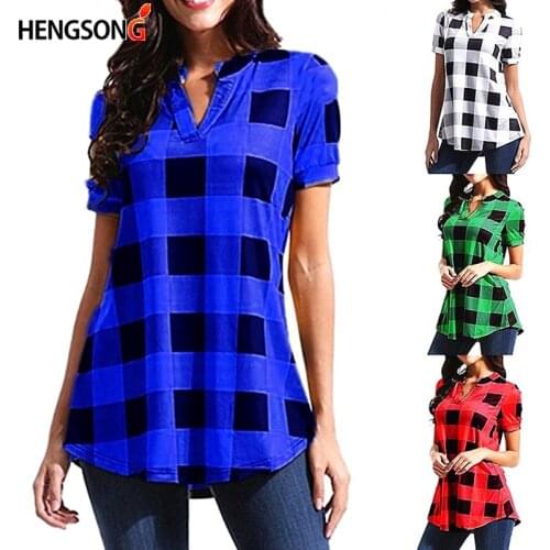 Fashion Women Plaid Blouse V Neck Short Sleeve Summer Shirts Loose Casual Tops Female Plaid Shirts Plus Size 3XL