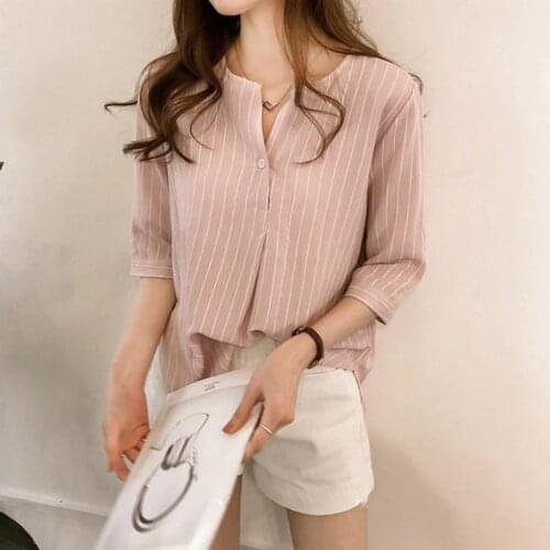 Summer Womens Striped Shirts O Neck Short Sleeve Button Blouses Women Tops and Blouses Feme