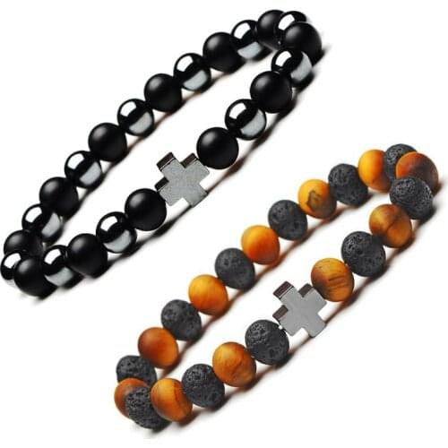 Druzy 6PC 8mm Natural Stone Black Hematite Tiger Eye Stone Fashion Matte Black Agates Bracelet Cross Alloy Decoration Healing