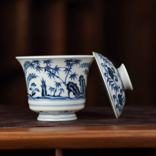 [GUANGU] Blue and white porcelain-string mouth bamboo and stone pattern lidded-cup