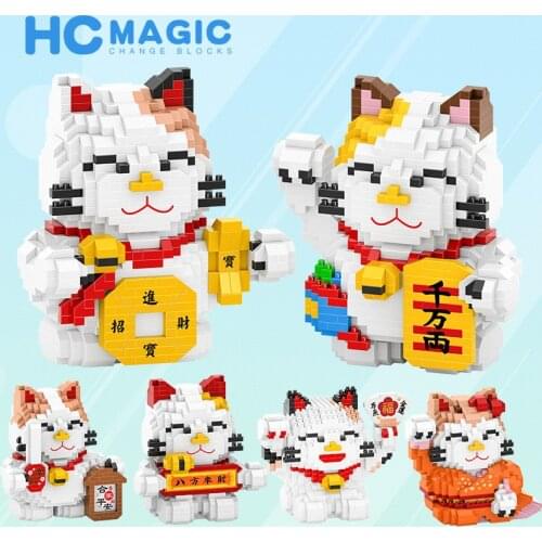 HC Lucky Fortune Cat Diamond Blocks Money Maneki Neko Cute Animal 3D Model DIY Mini Small Building Bricks Toy for Children