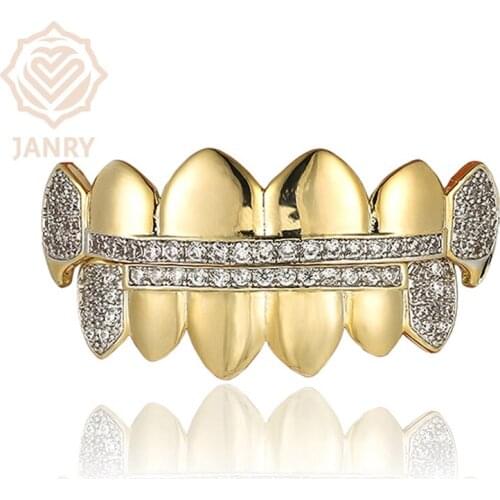 JANRY Men Women Gold Hip Hop Teeth Grillz Micro Pave Cubic Zircon Top&Bottom Vampire Fangs Teeth Grills Set Holleween Gift