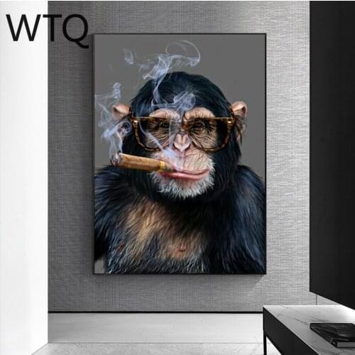 Canvas Painting Animal Chimpanzee Monkey Smoking Cigar Poster and Printed Wall Art Canvas Art for Living Room Decor Surprise Box