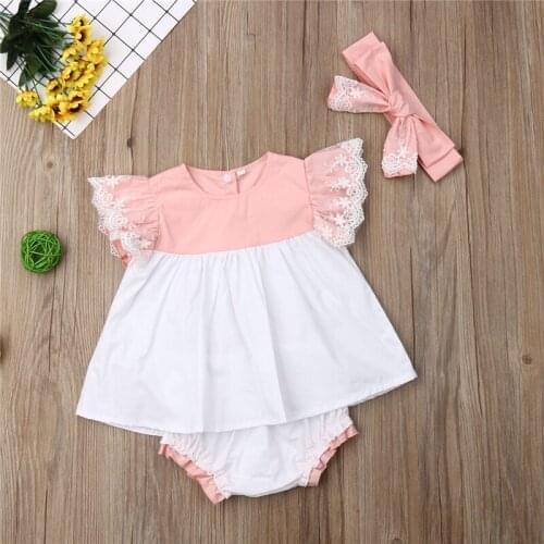 0-24M Baby Clothes Sets Girls Lace Ruffles Pink Tops Girl Dress Bow Shorts Pants Headband 3PCS Outfits Newborn Sunsuit Clothing