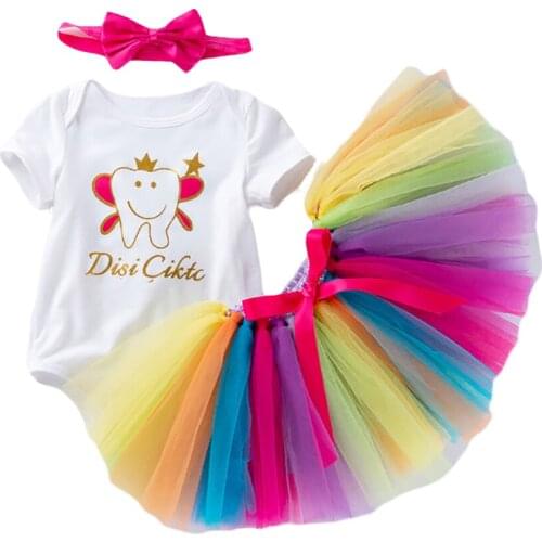 3Pcs Summer Creative Baby Girls Outfit Toddlers Cartoon Printing Short Sleeve Round Collar Romper + Mesh Skirt + Bow Headwear