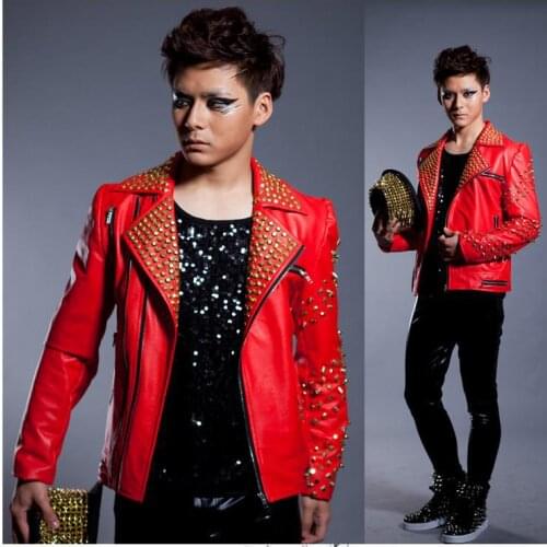Red black fashion Rivets punk Motorcycles pu faux leather jacket men Singer 1 mens leather jackets and coats Customizable