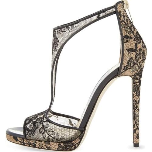 Summer Ladies T-Strap Peep toe Black Flower Lace Sandals Thin high Heels Female platform Party Floral Sandalias Shoes for Women