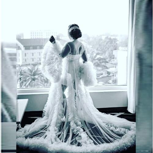 Cute White Women Tulle Dress Illusion Tulle Dresses Bridal Maternity Robe Ruffled Tulle Dress Long Sleeve Sheer Party Gowns