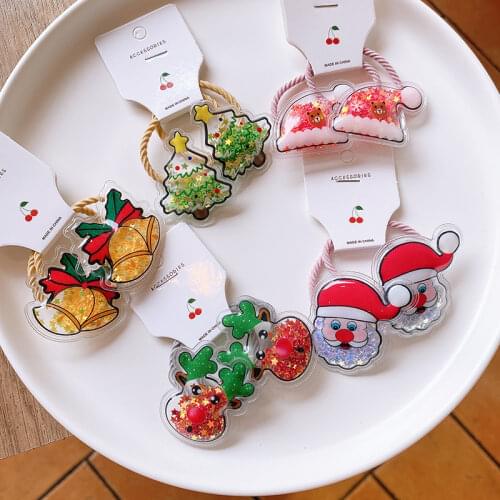 Cute Quicksand Star Christmas Elastic Hair Bands for Girls Snowman Elk Hair Rope Transparent Hat Bell Hair Gum Ties Accessories