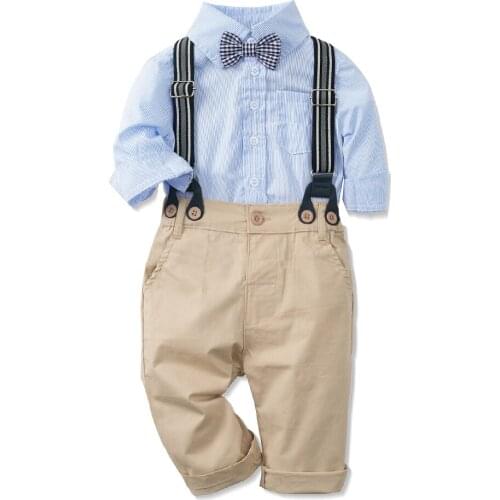 Spring And Autumn New Childrens Wear Boys' Suit Three-Piece Gentlemens Blue Striped + Bow Tie Boys Baby Clothes Sets