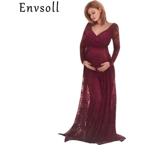 Envsoll New Maternity Dress For Photo Shoot Red Lace Gown Sexy Vestidos Maternity Photography Props Clothes For Pregnant Women
