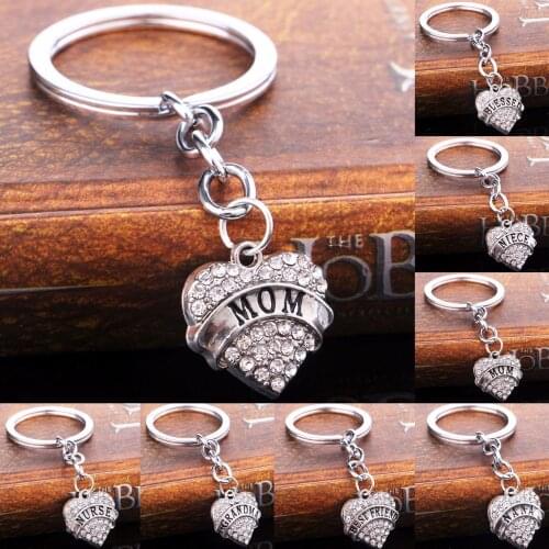 Clear Love Heart Crystal Rhinestone Grandma NANA Best Friends Mom Dad Keychain Mothers Fathers Key Chain Pendant Keyring Women