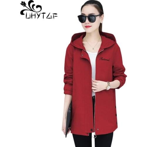 UHYTGF spring coats women Mid-length student Loose plus size tops outerwear fashion hooded casual trench coat female clothes 477