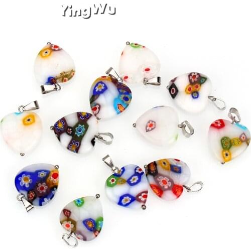Yingwu 20pcs Lot Mixed Oblate Love Heart Millefiori Flower Lampwork Glass Stainless Steel Beads For Jewelry Making Necklace DIY