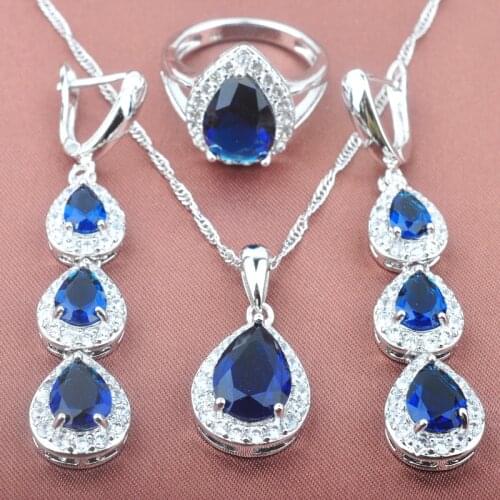 Long Water Drop Womens Summer Jewelry Sets Silver Color Necklace Pendant Blue Zirconia Earrings Rings 2020 NewTZ0180