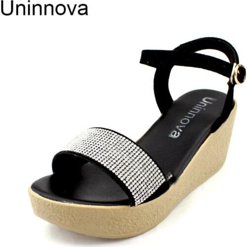 Womens Wedge High Heel Ankle Wrap Black Rose Red Casual Comfortable Crystal Sandals Extral Small Size 33 Plus Size 43 WSA042