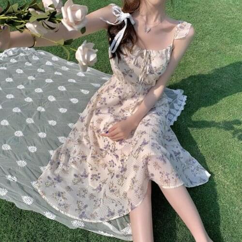 Womens dress New Summer French Gentle Elegant Chiffon Dress Floral Temperament Fairy Sling dress 01-DS-shqzcx