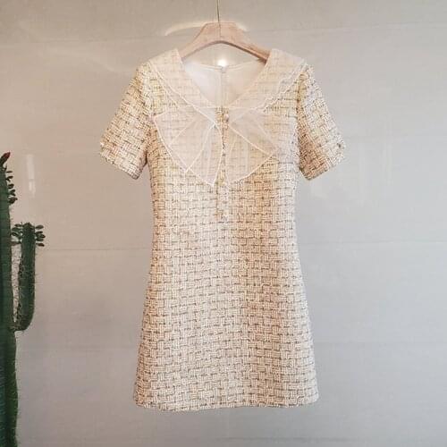 France style womens Vintage dress 2020 Autumn elegant bowtie short sleeves tweed dress C266