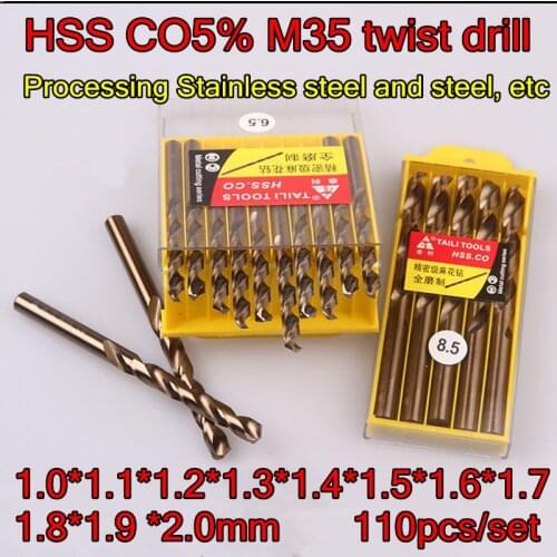 1.0*1.1*1.2*1.3*1.4*1.5*1.6*1.7*1.8*1.9 *2.0mm 110pcs/set HSS C0%5 M35 twist drill Processing Stainless steel and steel, etc