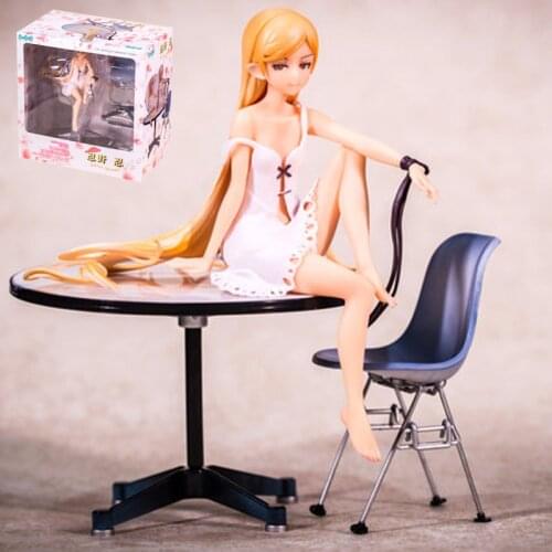 19cm Anime Monogatari Bakemonogatari Oshino Shinobu Painted White Dress Sitting Table Sexy girls Anime PVC Action Figures toys