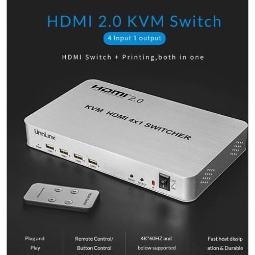 4K 60Hz 3D HDMI 2.0 KVM Switch 4X1 USB KVM Switcher Fit 4 PC Wireless Mouse Keyboard 4KX2K 4 input1 out Computer DVD to TV HDTV