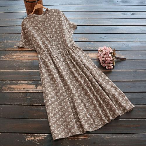6525 Summer Women Dress Literary Print Stand Collar Short Sleeve Loose Casual Linen A-Line Midi Dresses Women