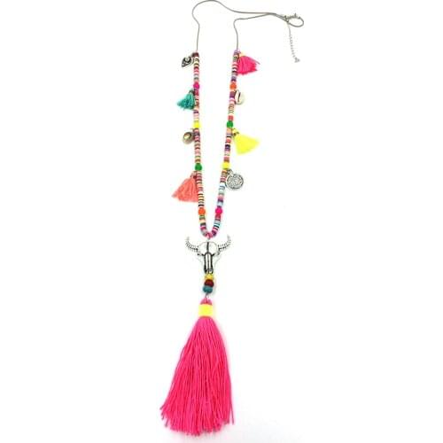 Bohmian Boho chic necklace Tibet buffalo head Tauren pendant necklace Pink Cotton Tassel pendant Polymer clay chain necklace