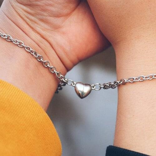 F3MD 2pcs / Set Heart Magnet Attract Couple Bracelet Love Key Lock Charm Jewelry Stainless Steel Chain Necklace Jewelry