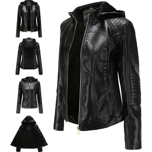 Solid Color Zipper Pu Leather Jacket Coat Women Spring Autumn Winter Tunic Outerwear 2020 Female Large Size Hooded Plus Velvet