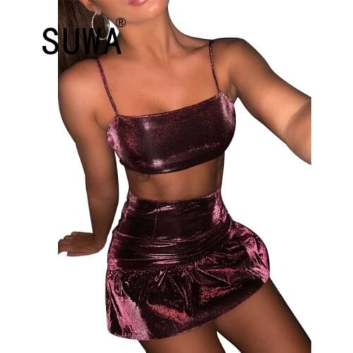 2021 Hot Recommend Style Velvet Spaghetti Strap Crop Top Tunic Bodycon Mini Dress Skirts Sexy Club Womens Two Piece Outfits