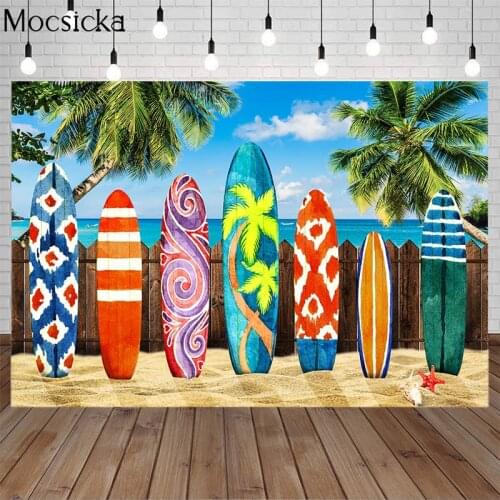 Mocsicka Summer Beach Sea Surfing Photography Backdrops Palm Tree Wooden Fence Children Birthday Holiday Background Photo Studio